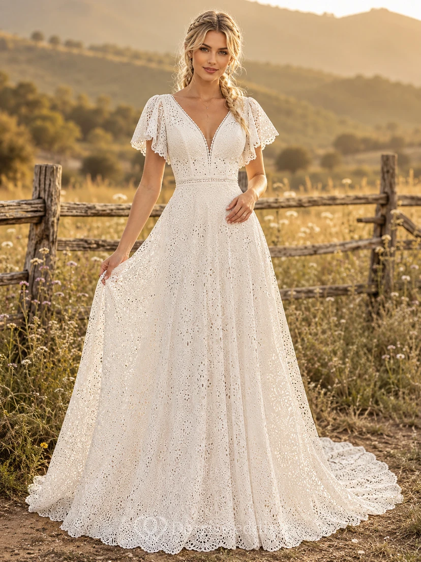 Robe de mariée champêtre en tulle, coupe trapèze, col en V, manches papillon, traîne chapelle, dos nu plongeant.