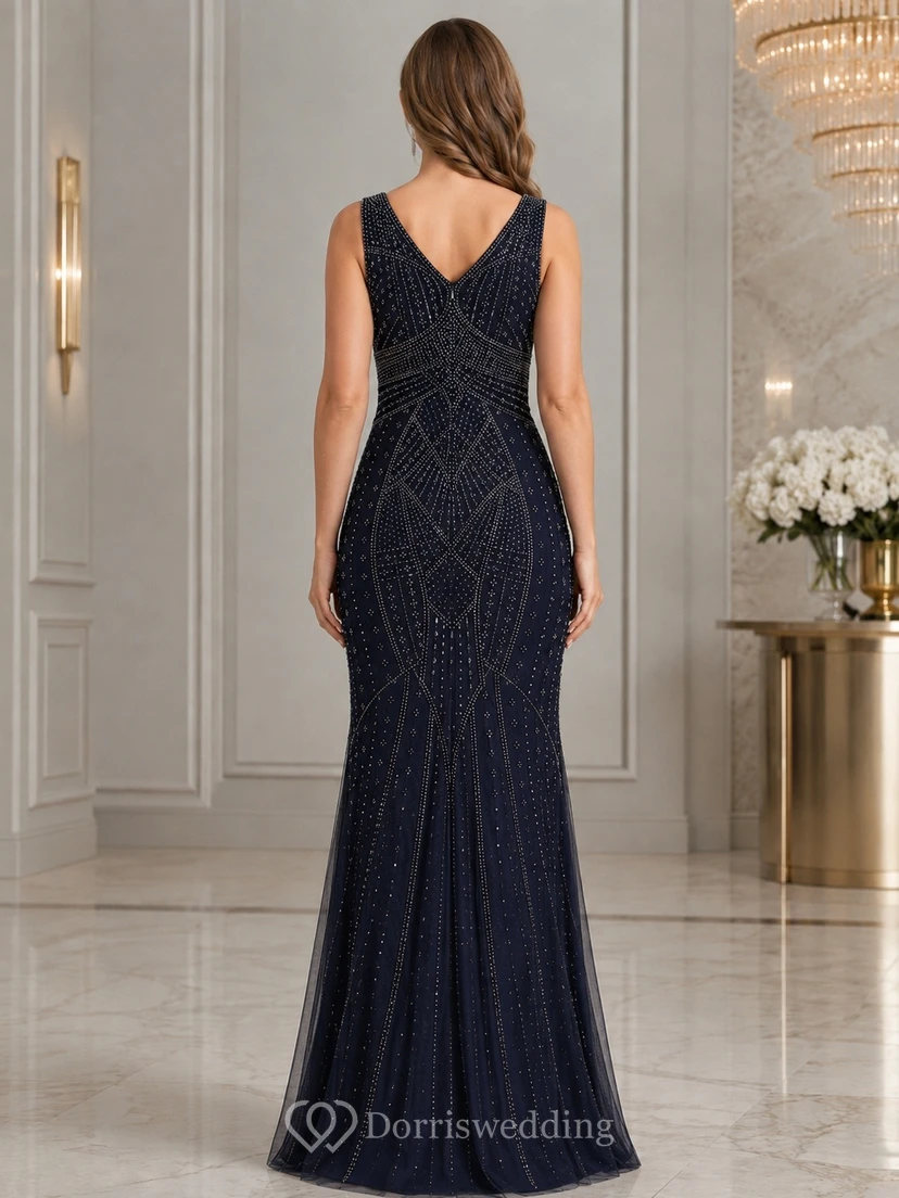 Dark Navy V Neck Glitter Mermaid Sleeveless Formal Evening Dress view 2