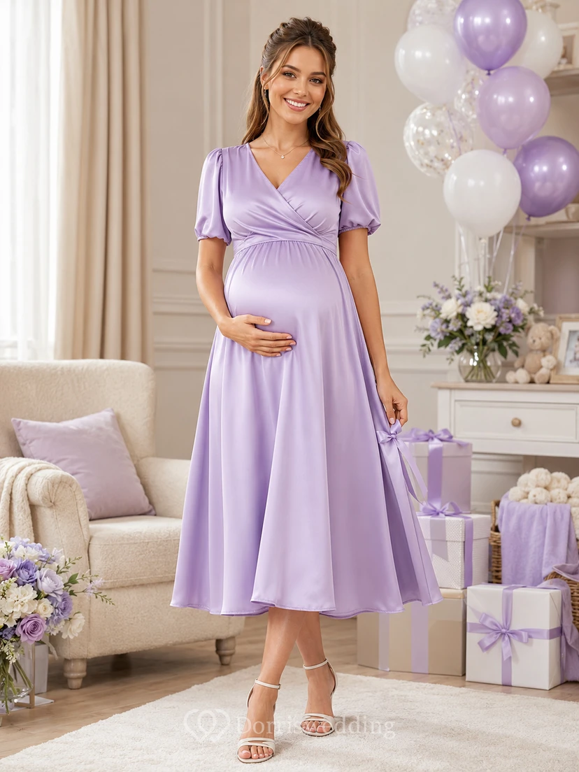 Violet Keepsake Lavender Empire Tea-Length V-Neck Short-Sleeve Satin Romantic Maternity Dress