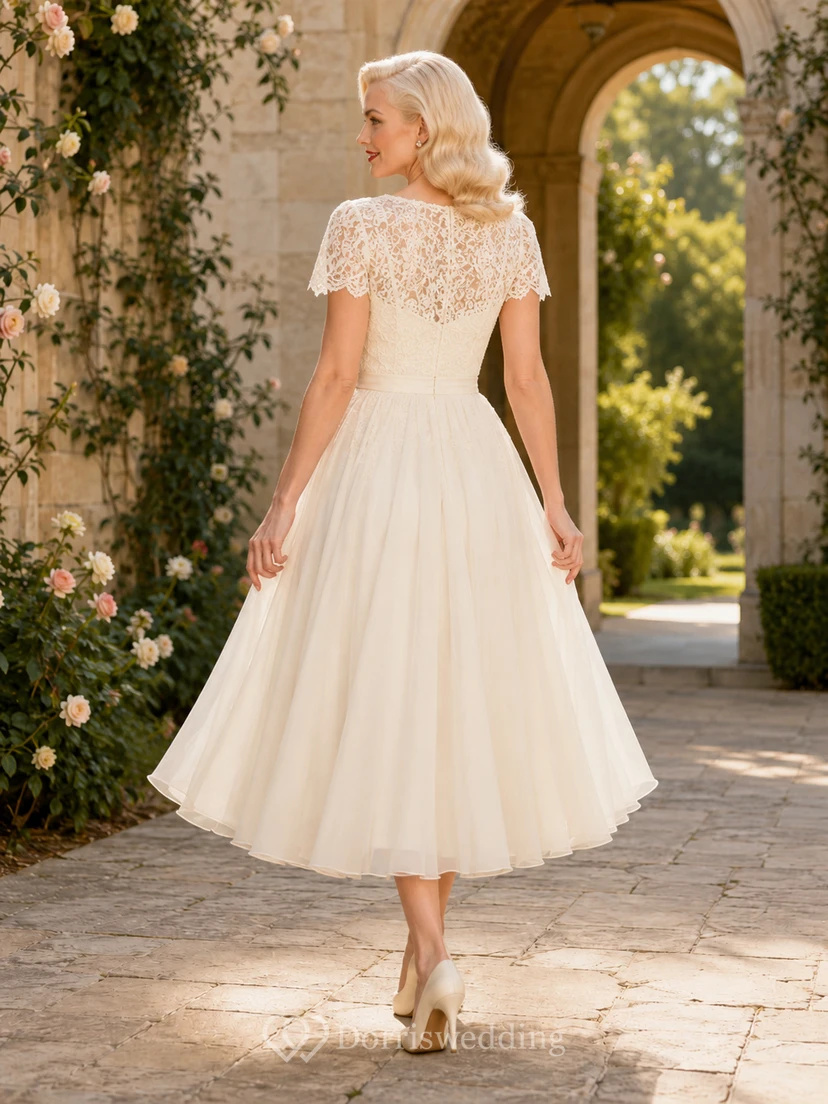 Vestido de novia vintage de gasa con escote corazón y mangas cortas, largo hasta la rodilla, estilo jardín. view 2