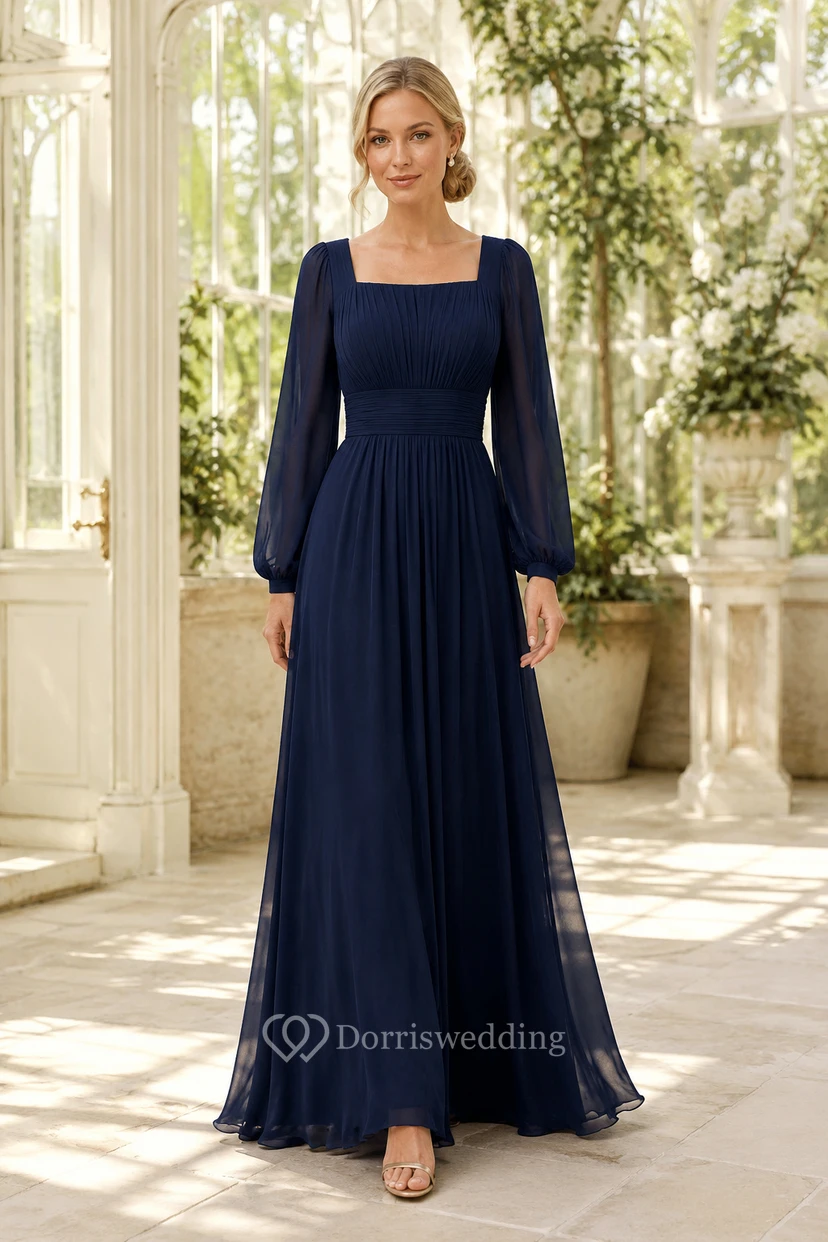 Robe de soirée bleu marine foncé en mousseline, coupe trapèze, col carré, manches longues, longueur au sol