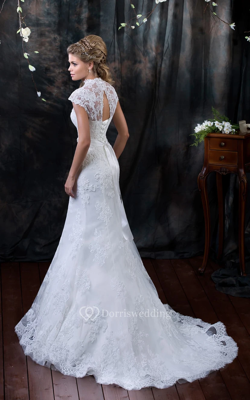 Mermaid Long V-Neck Cap-Sleeve Lace-Up Lace Dress With Appliques And Beading view 2