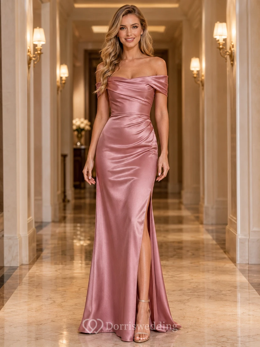 Red Carpet Evening Dusty Rose Elegant Modern Sexy Sheath Satin Bridesmaid Dress with Off Shoulder Sweetheart Sleeveless Floor-Length Slit Skirt Ruching Low Back