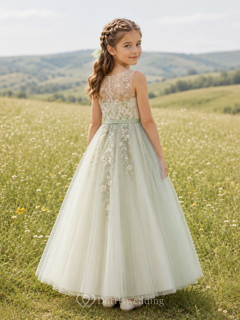 Sage Floor-Length Ball Gown Flower Girl Dress with Sleeveless Illusion Scoop Bodice, Botanical Embroidery and Zipper Back view 2