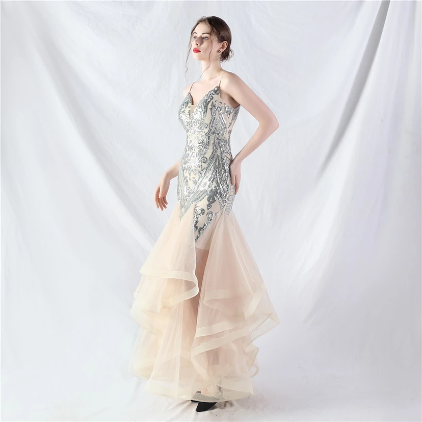 Vestido de actuación para celebración de baile caliente con cuentas de flores y posicionamiento de red rígida. view 57