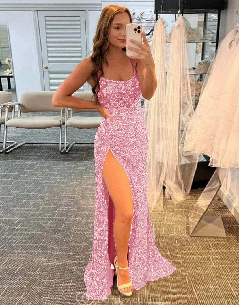 Spaghetti Sexy Front Split Sequin Sheath Floor-length Dress view 19