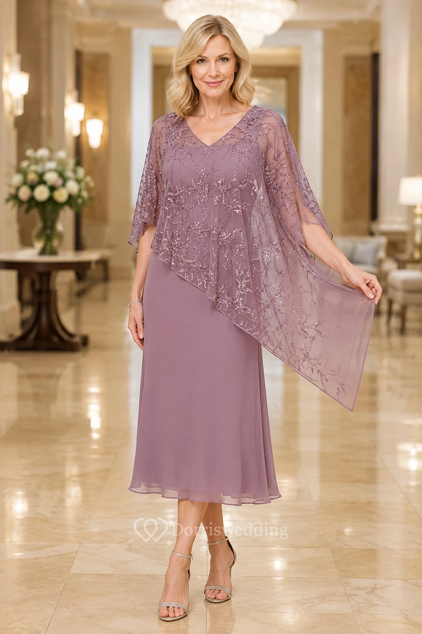 Mauve Tea-Length Mother Dress with Lace Poncho Overlay