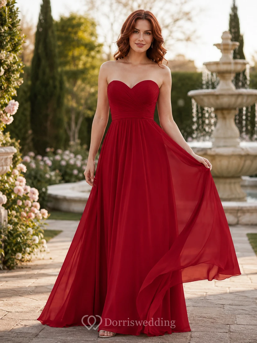 Rotes, trägerloses Chiffon-Abendkleid in A-Linie mit Herzausschnitt