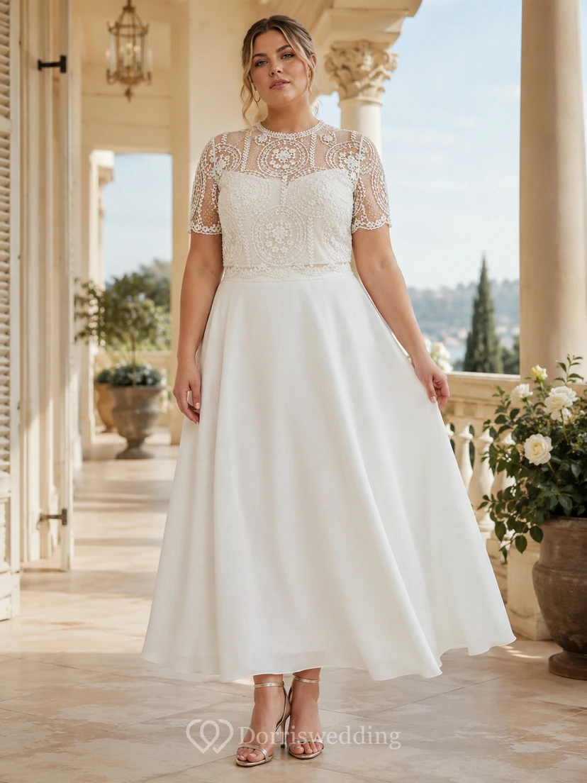 Vintage zweiteiliges, kurzärmeliges Chiffon-Hochzeitskleid in Teelänge mit Spitzenoberteil view 5