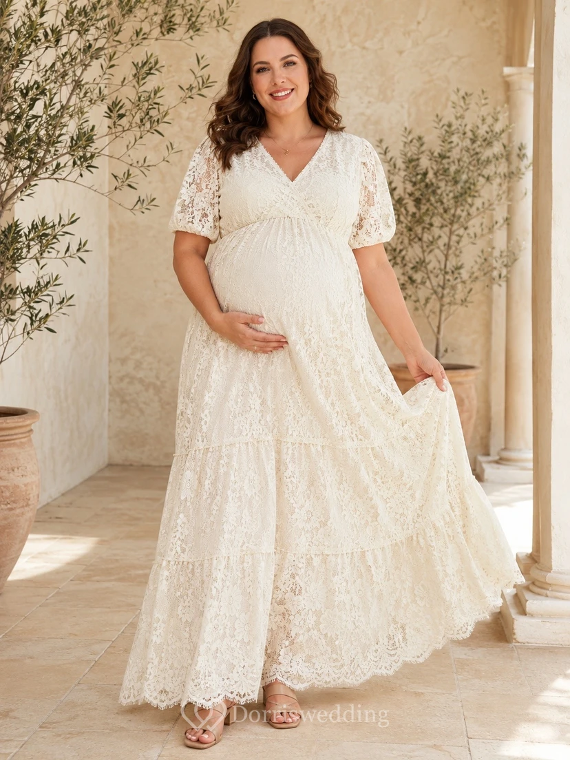 V-Neck Short Sleeve Empire Maternity A-Line Maxi Wedding Dress