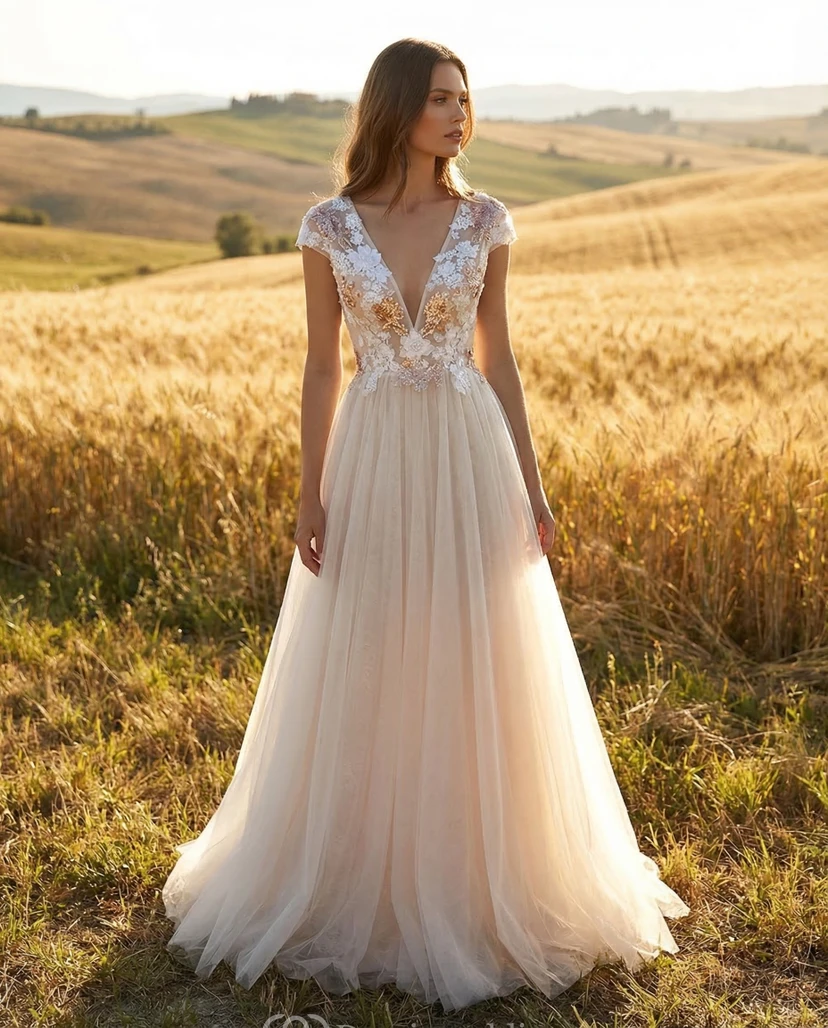 Robe de mariée en tulle à manches courtes, ornée d'appliqués floraux 3D et de détails dorés