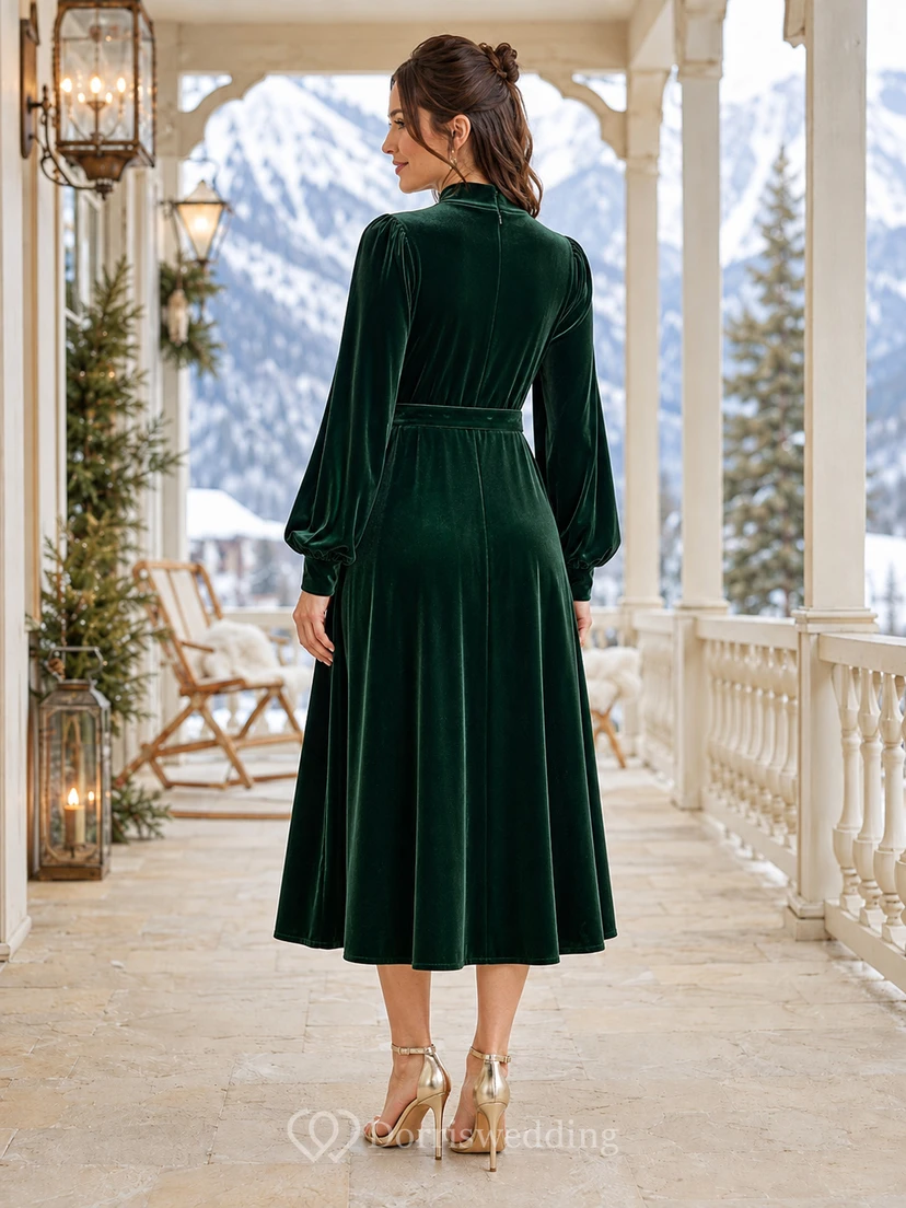 Dark Green High Neck Long Puff Sleeve Belted Velvet A Line Tea Guest Dress view 2