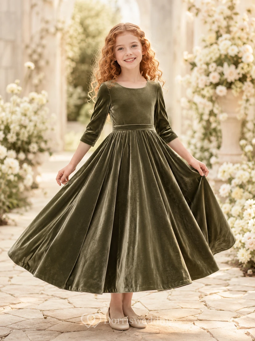 Flower Girl Dress A-Line Dark Green Velvet Three Quarter Sleeve Formal