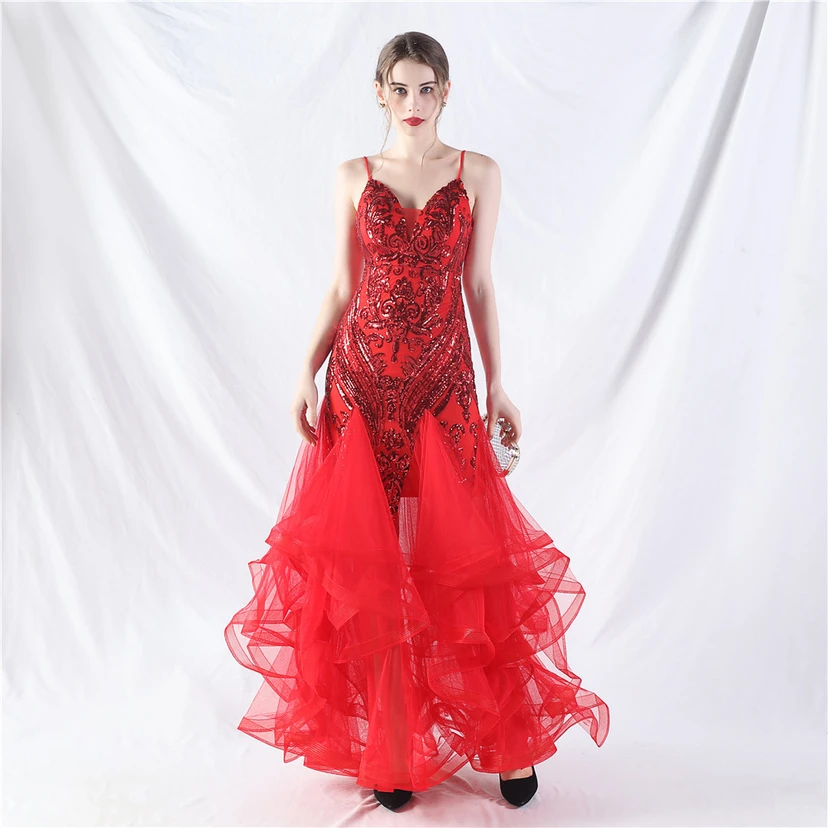 Vestido de actuación para celebración de baile caliente con cuentas de flores y posicionamiento de red rígida. view 4