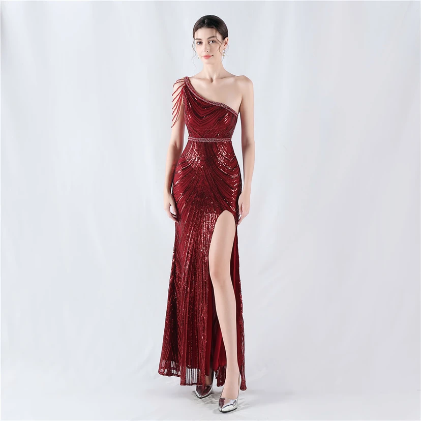 Positioning Flower Beaded Craft Beaded One-Shoulder Oblique Collar High Slit Evening Dress view 21