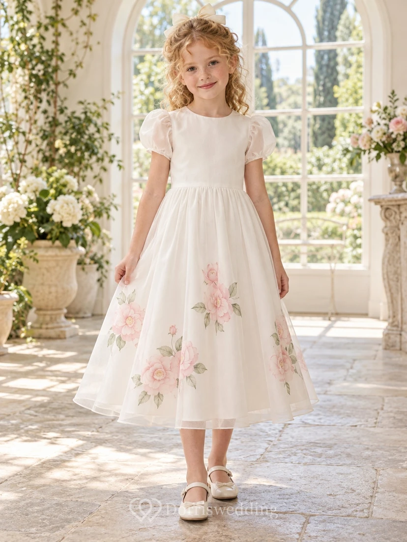 Modest Ivory Tea-length Jewel Short Sheer Puff Sleeves Floral-Cluster Print Gathered Organza A-line Flowergirl Dress