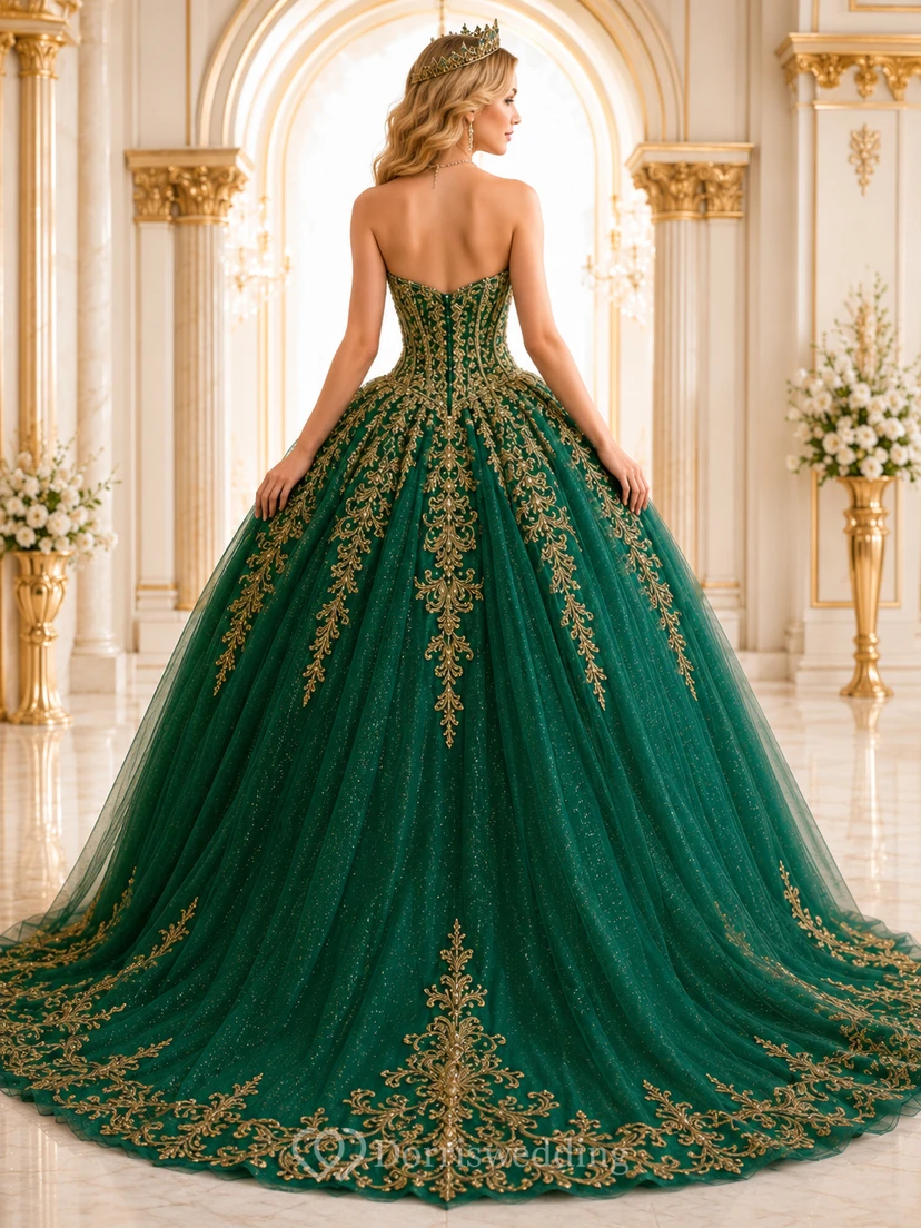 Dark Green Gold Luxury Strapless Sweetheart Embroidered Quinceanera Princess Chapel Train Ball Gown view 2