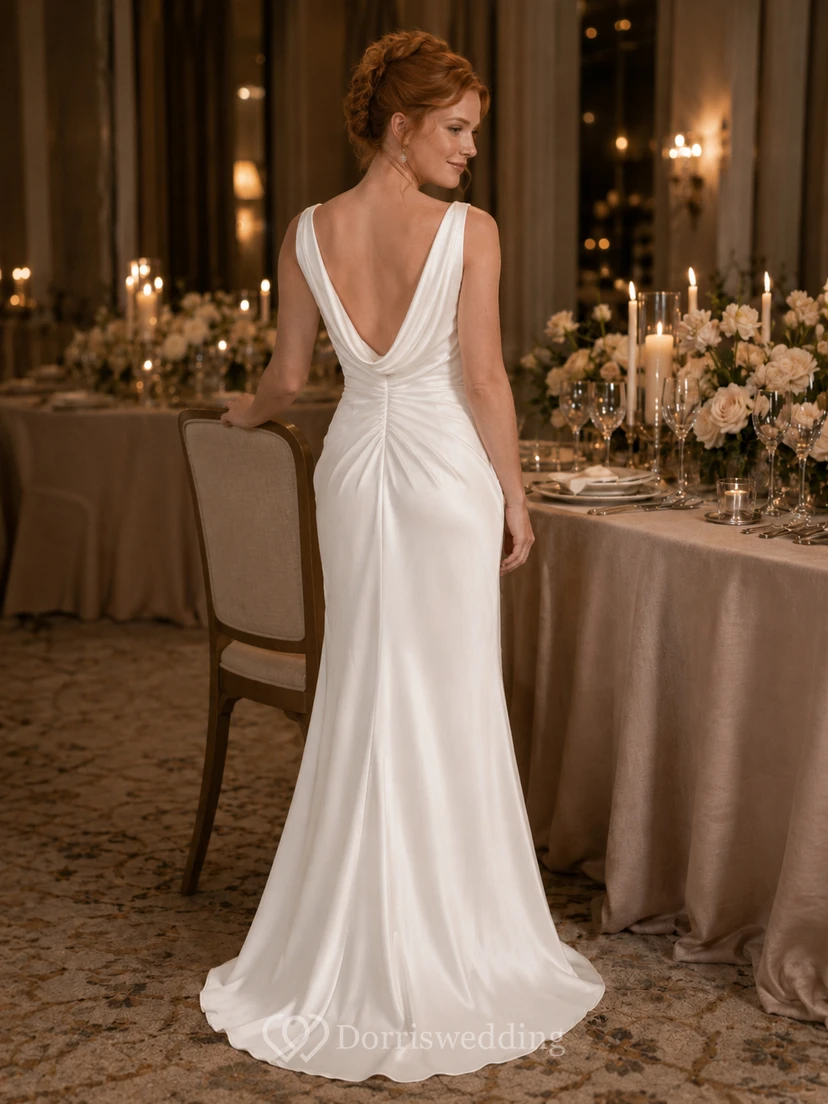 V Neck Ruched Satin Floor Length Mermaid Rehearsal Dinner Dress view 2