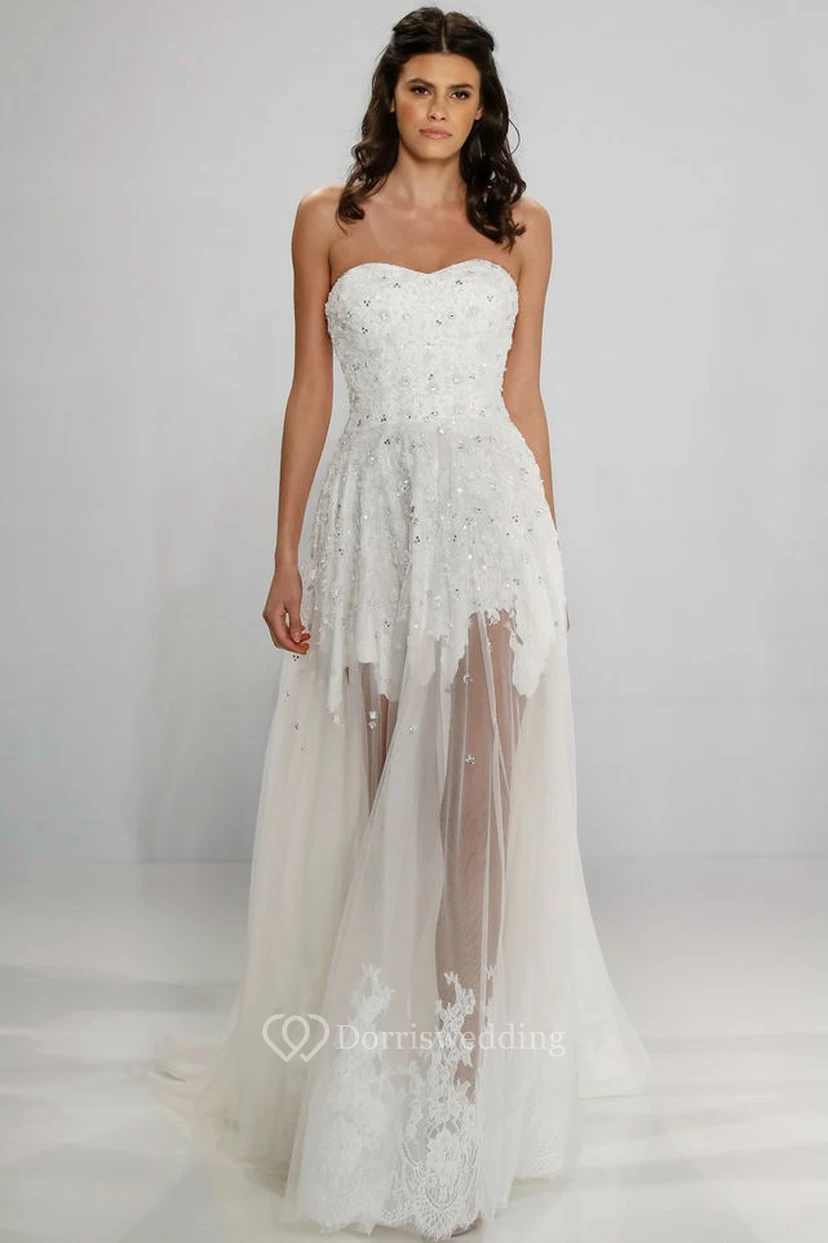 A-Line Sweetheart Sleeveless Maxi Appliqued Tulle Wedding Dress With Zipper Back And Beading