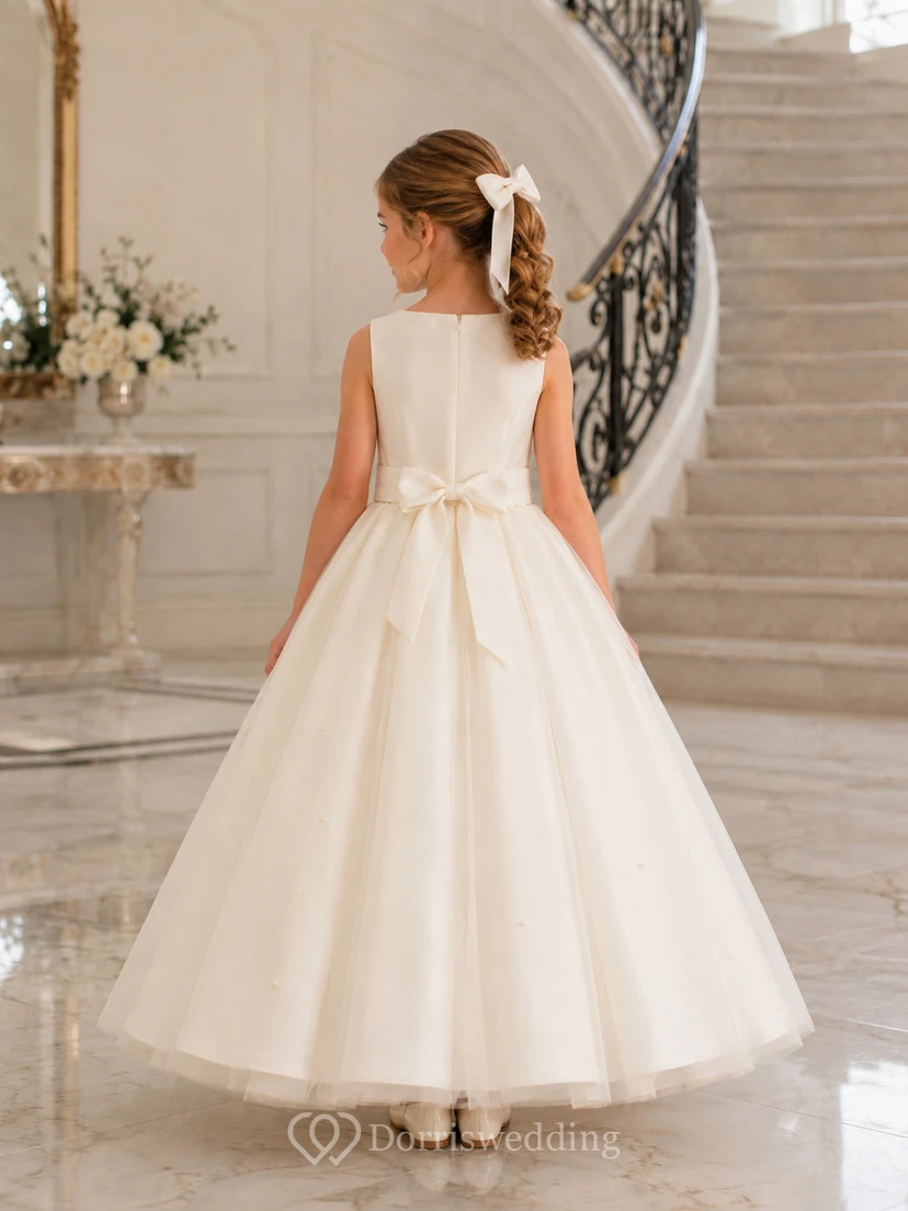 Robe de demoiselle d'honneur sans manches en satin ivoire et tulle, coupe trapèze, encolure bijou et jupe longue ornée d'un nœud. view 2