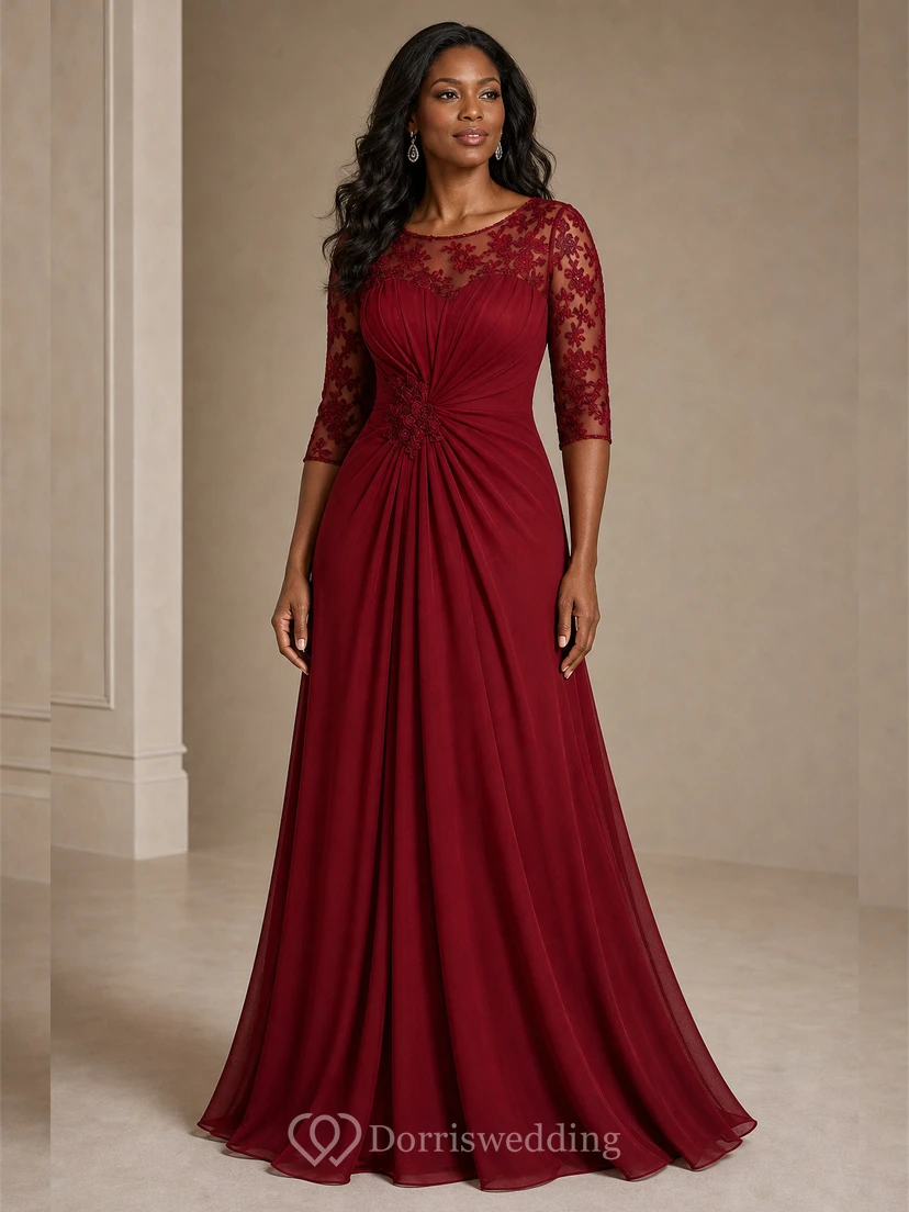 Half-Sleeved A-Line Long Mother Of The Bride Dress With Keyhole Back And Appliques view 4