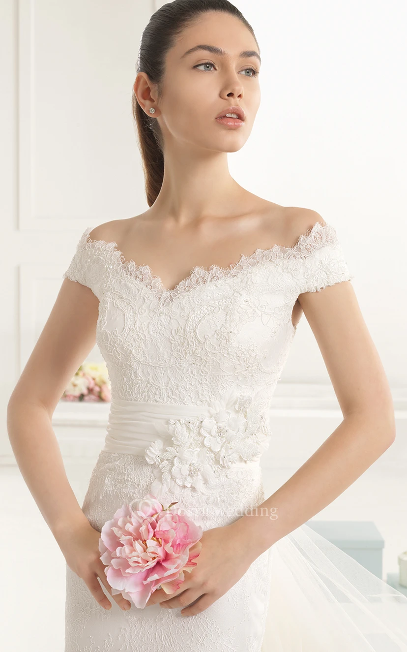 Noble Lace Off-Shoulder Dress With Watteau Train view 3