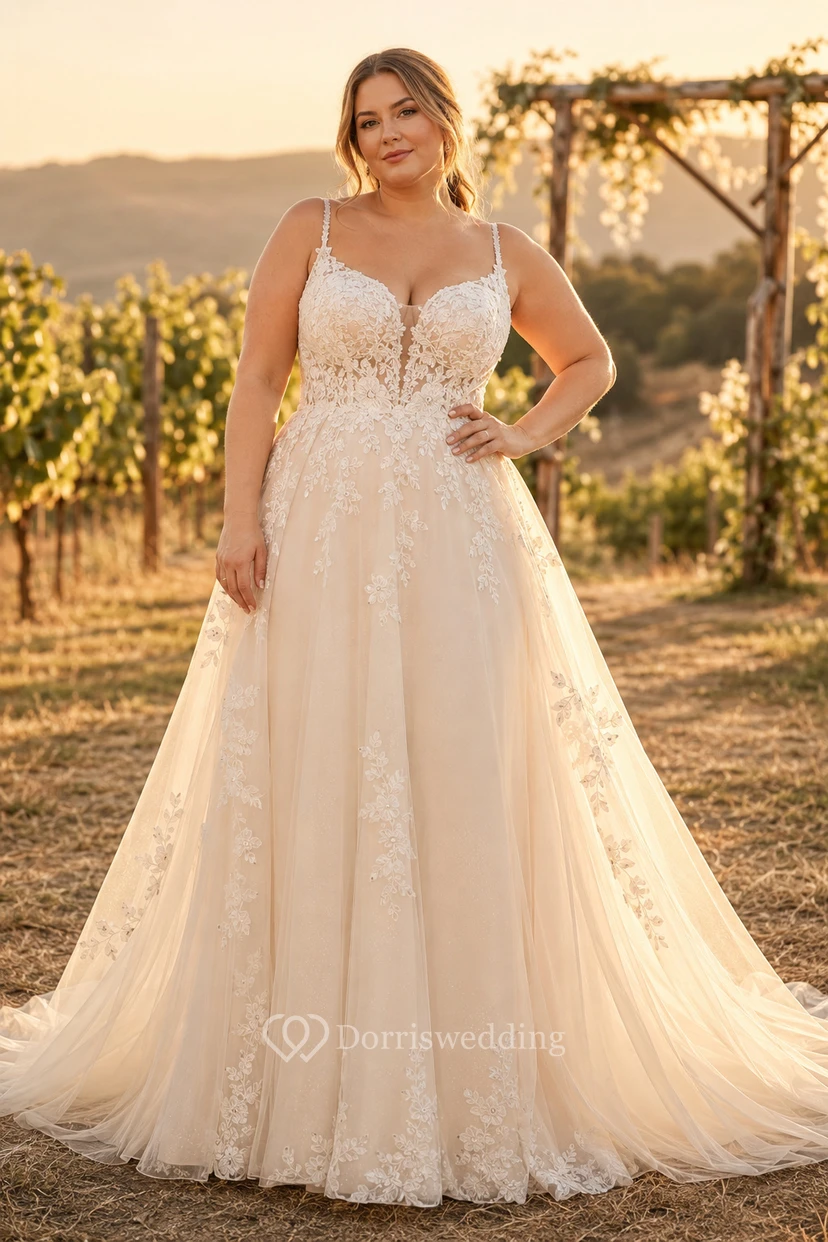 Brautkleid im Landhausstil mit Spaghettiträgern, A-Linie und tiefem Rückenausschnitt in großen Größen, aus Spitze und in verschiedenen Größen