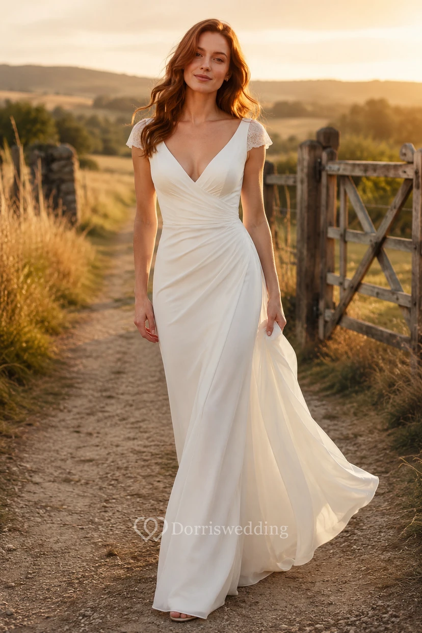 Vestido de novia sencillo de corte recto con escote en V y espalda descubierta.