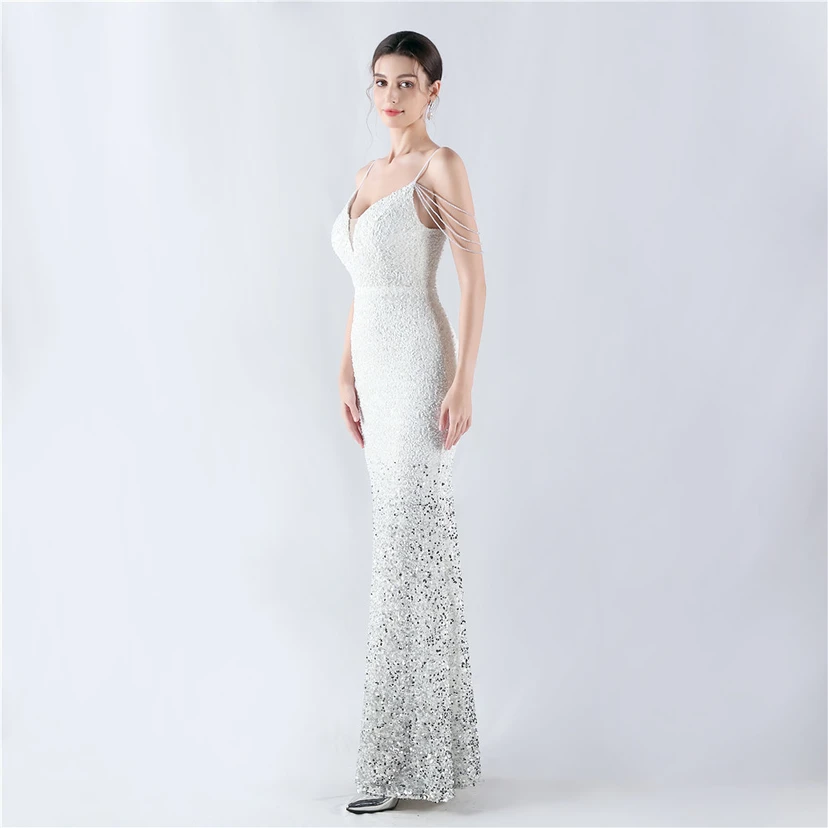 Velvet-Bottom Gradient Sequined Sexy Beaded Suspender Evening Dress view 3