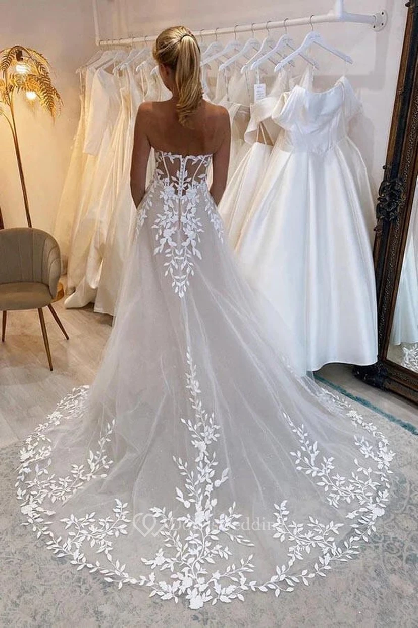 Tulle Off-the-shoulder Elegant A-line Court Train Wedding Dress view 2