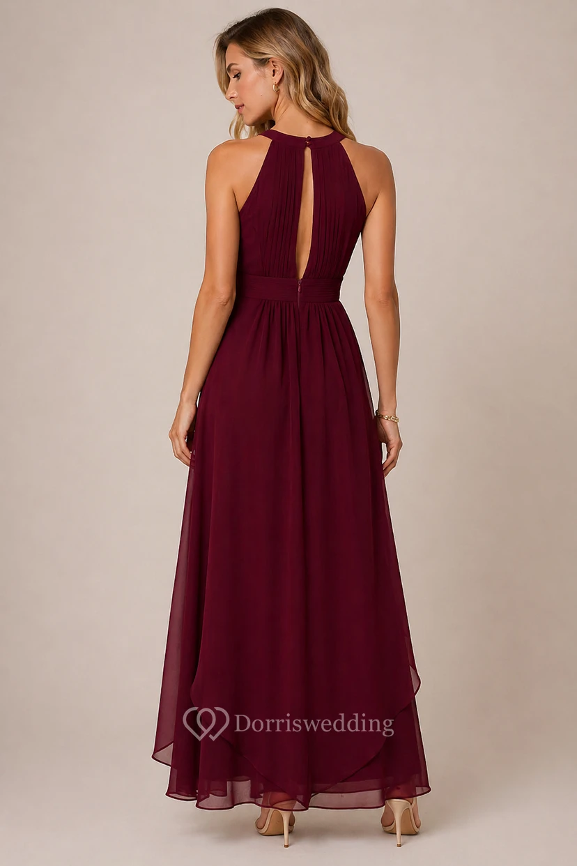 Elegant Burgundy Chiffon Halter Neck Evening Gown with Flowing High-Low Hem view 2