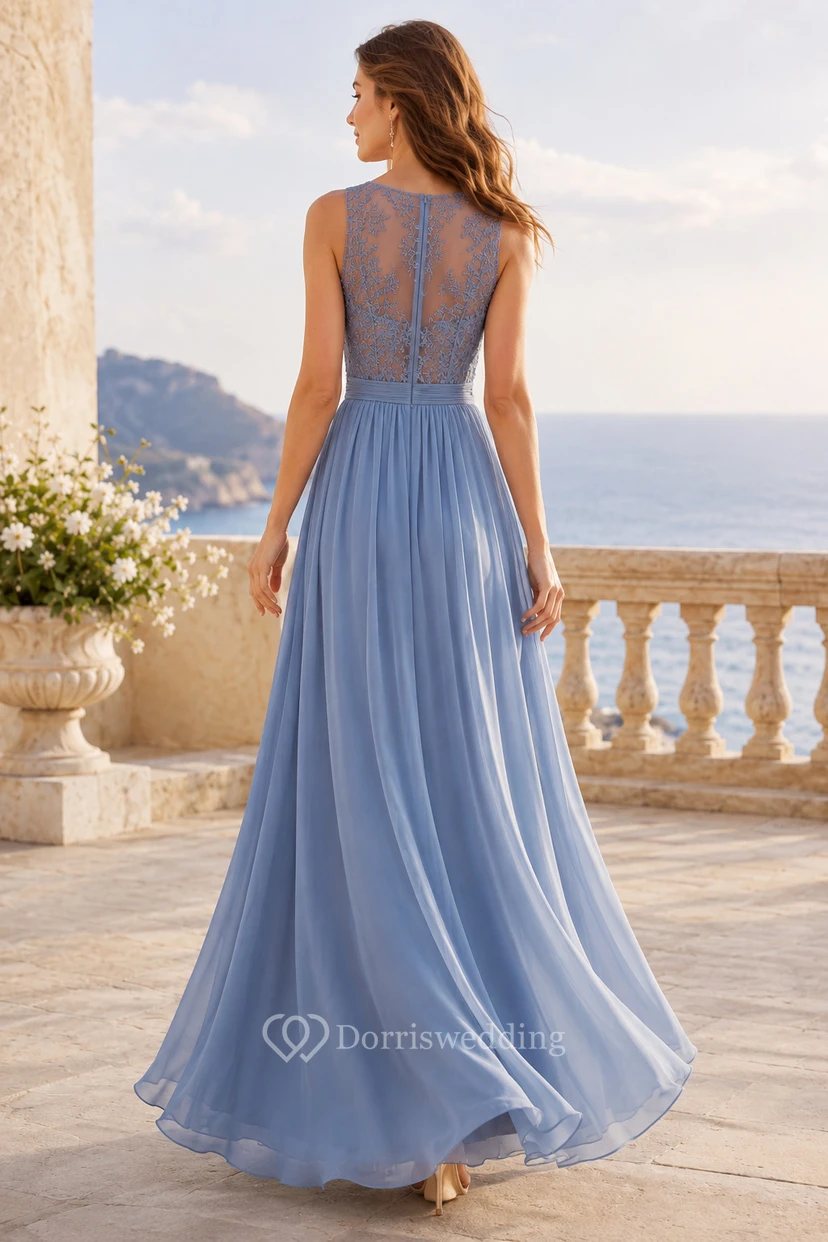 Steel Blue Lace Chiffon A-Line Formal Dress view 2