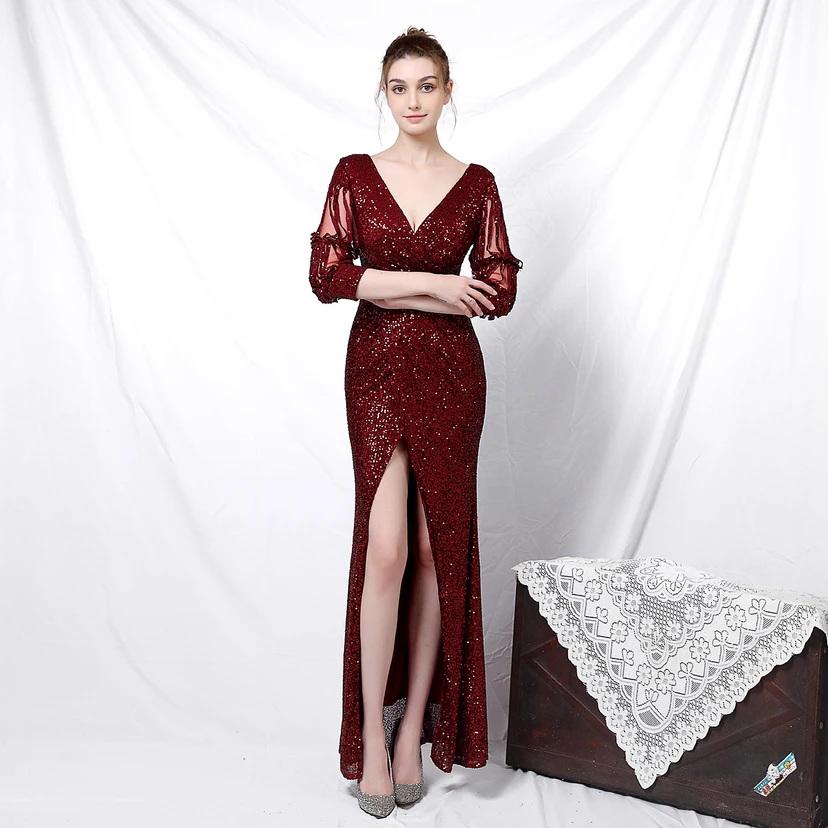 Elegantes, langärmeliges Paillettenkleid im Meerjungfrauenstil mit Meerjungfrauenschnitt – perfekt für festliche Anlässe. view 2