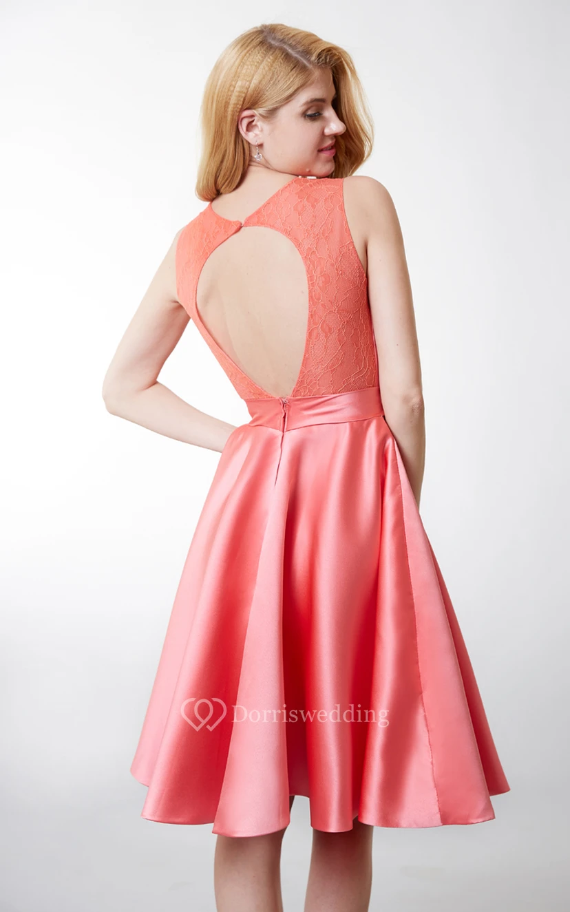 Elegant Bateau Neck Pleated Short Satin Dress With Lace Keyhole Back view 5