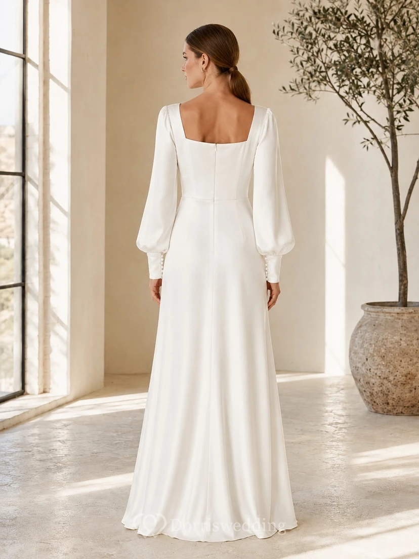 Simple Square Neck Long Puff Sleeve Satin A-Line Floor-Length Civil Wedding Dress view 2