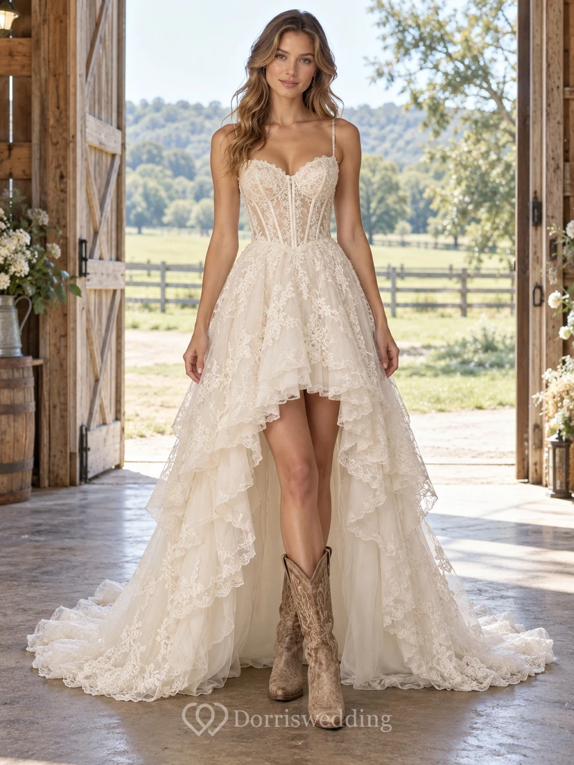Country High-low Spaghetti Strap Sweetheart Lace Corset Bridal Wedding Dress