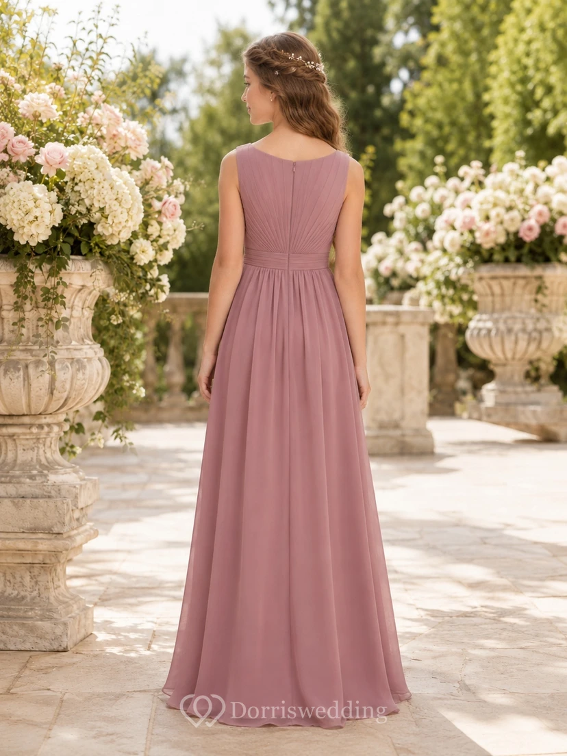 Vestido de dama de honor juvenil color rosa empolvado, corte A, escote barco, sin mangas view 2