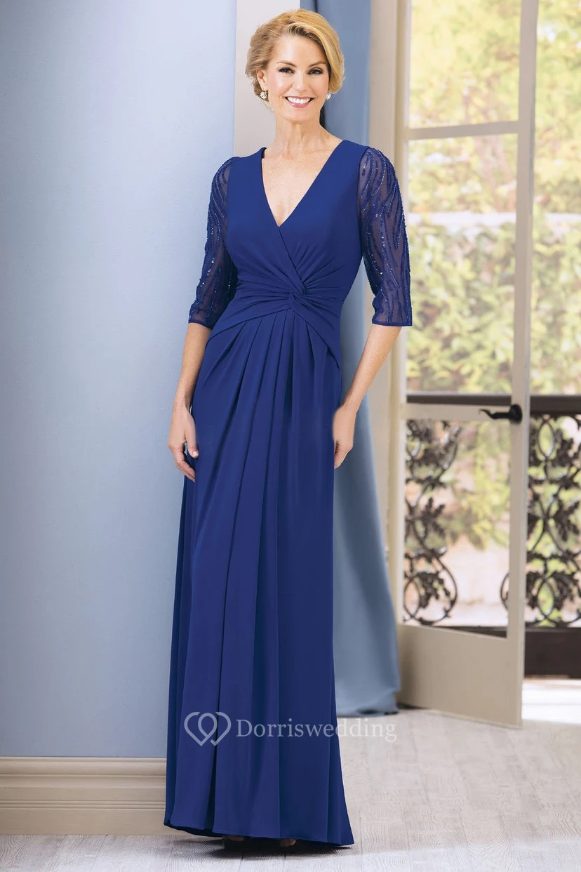 Half-Sleeved V-Neck Long Gown With Beadings And Pleats