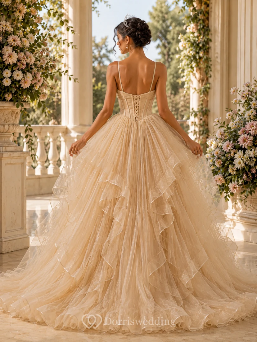 Tüll-Abendkleid in zartem Rosa, Spaghettiträger, bodenlanges Ballkleid mit Herzausschnitt, Stufen und Rüschen view 8