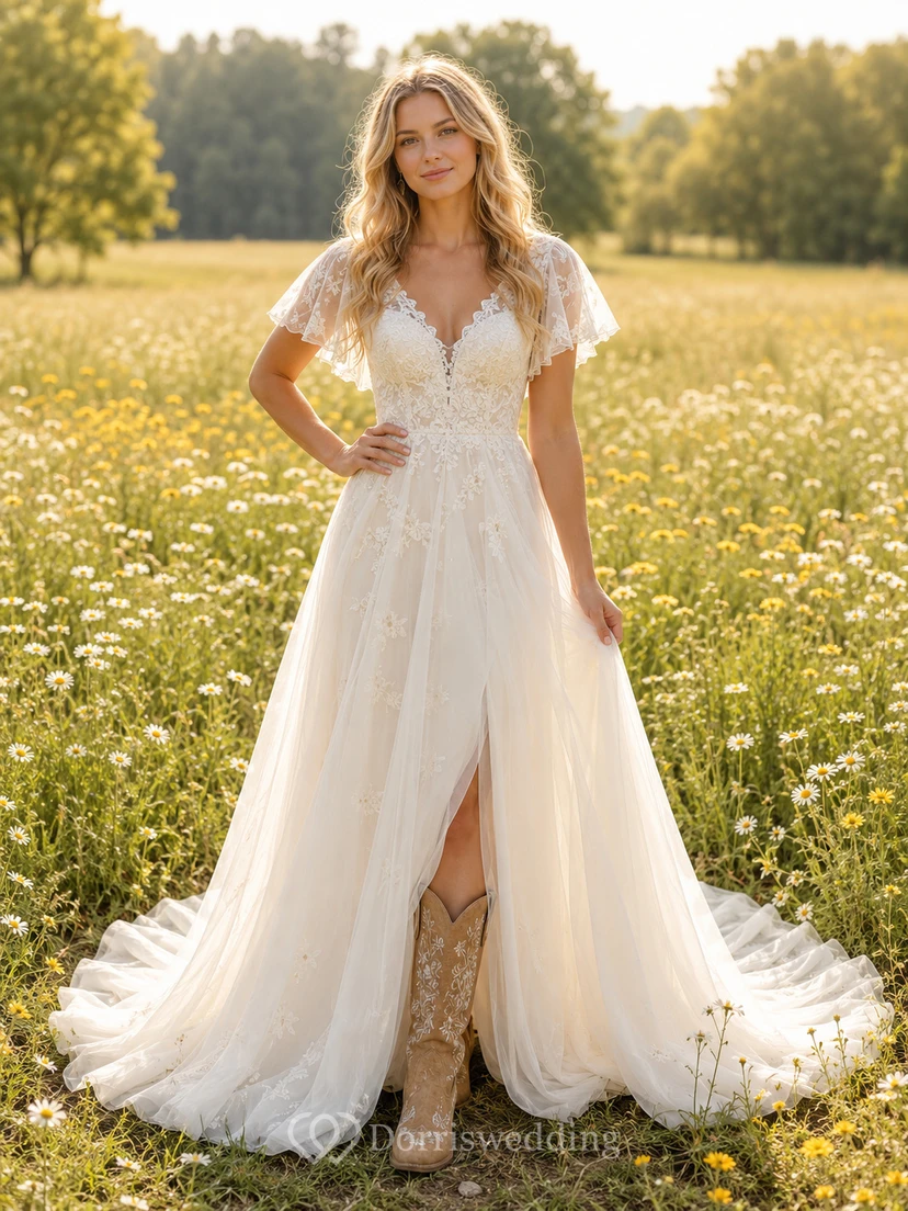 Robe de mariée de maternité à col en V, sans manches, corsage en dentelle à volants