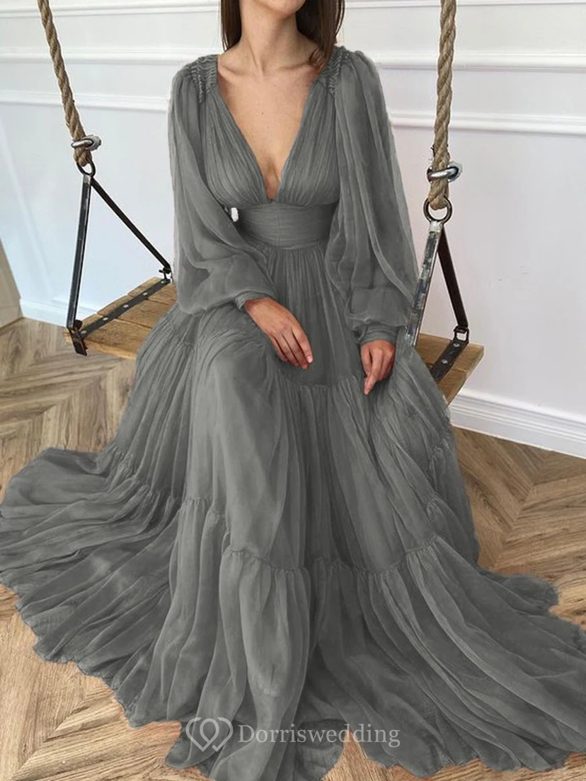 Sexy V-neck Puff Long Sleeve Chiffon Layered Empire Dress view 31