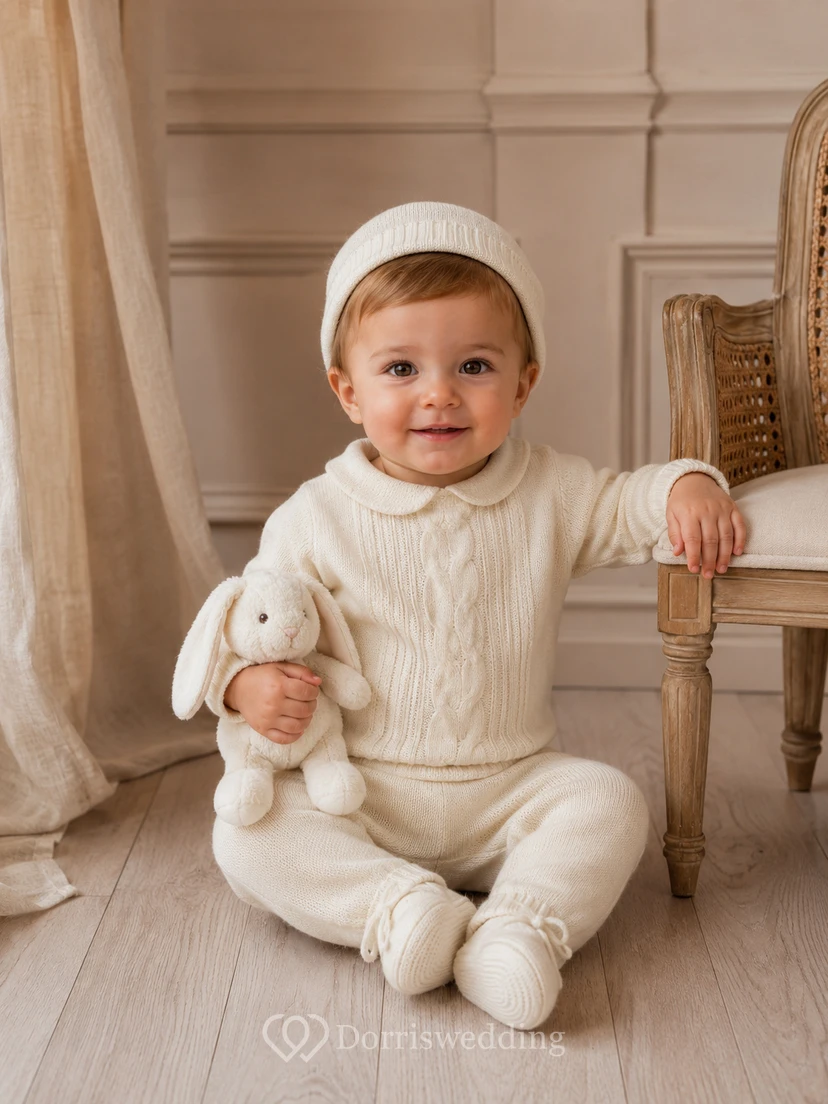 Conjunto de dos piezas de manga larga con cuello de punto trenzado color marfil para bautizo de bebé niño