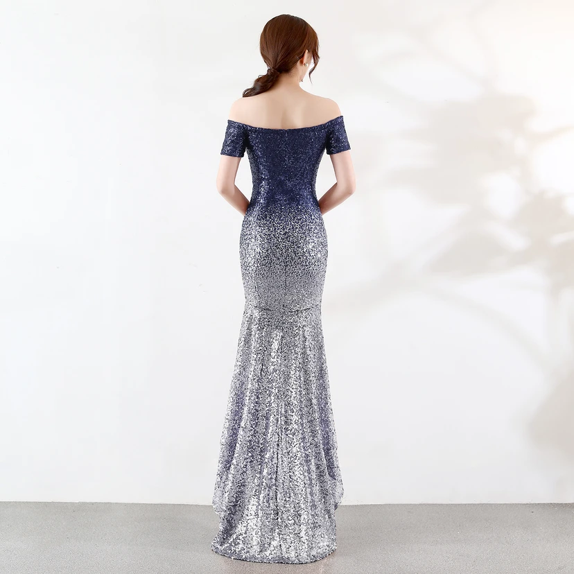 Robe asymétrique à manches courtes, style européen et américain, sequins dégradés, robe de soirée de mariage ou de banquet. view 4