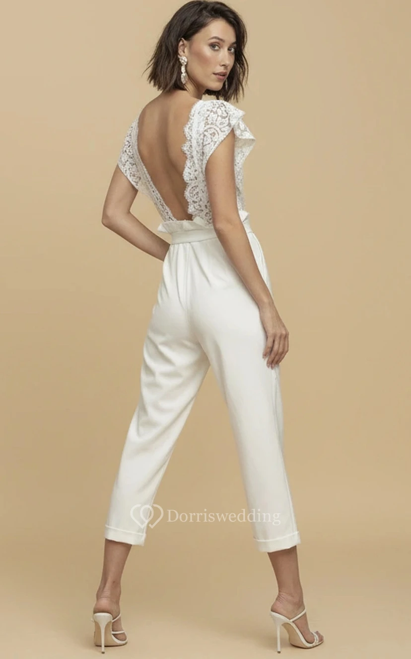 Lace Ruffle Sleeve High Waist Wide Leg Wedding Jumpsuit view 2