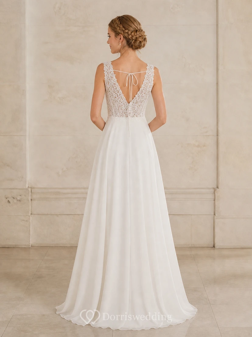 Robe de mariée simple de plage en mousseline de soie, coupe trapèze, col en V, sans manches, en dentelle. view 2