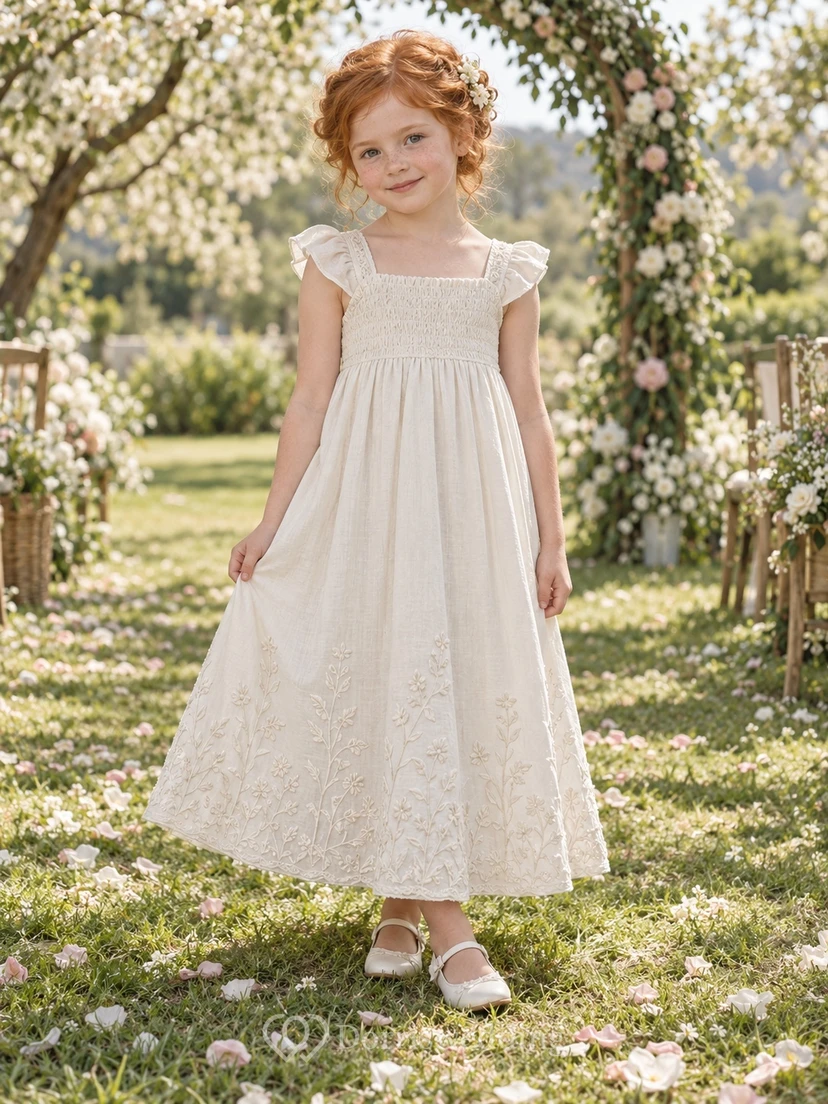 Square Neck Country Ivory A-line Lace Ankle-length Ruffle-sleeve Smocked Flower Girl Dress