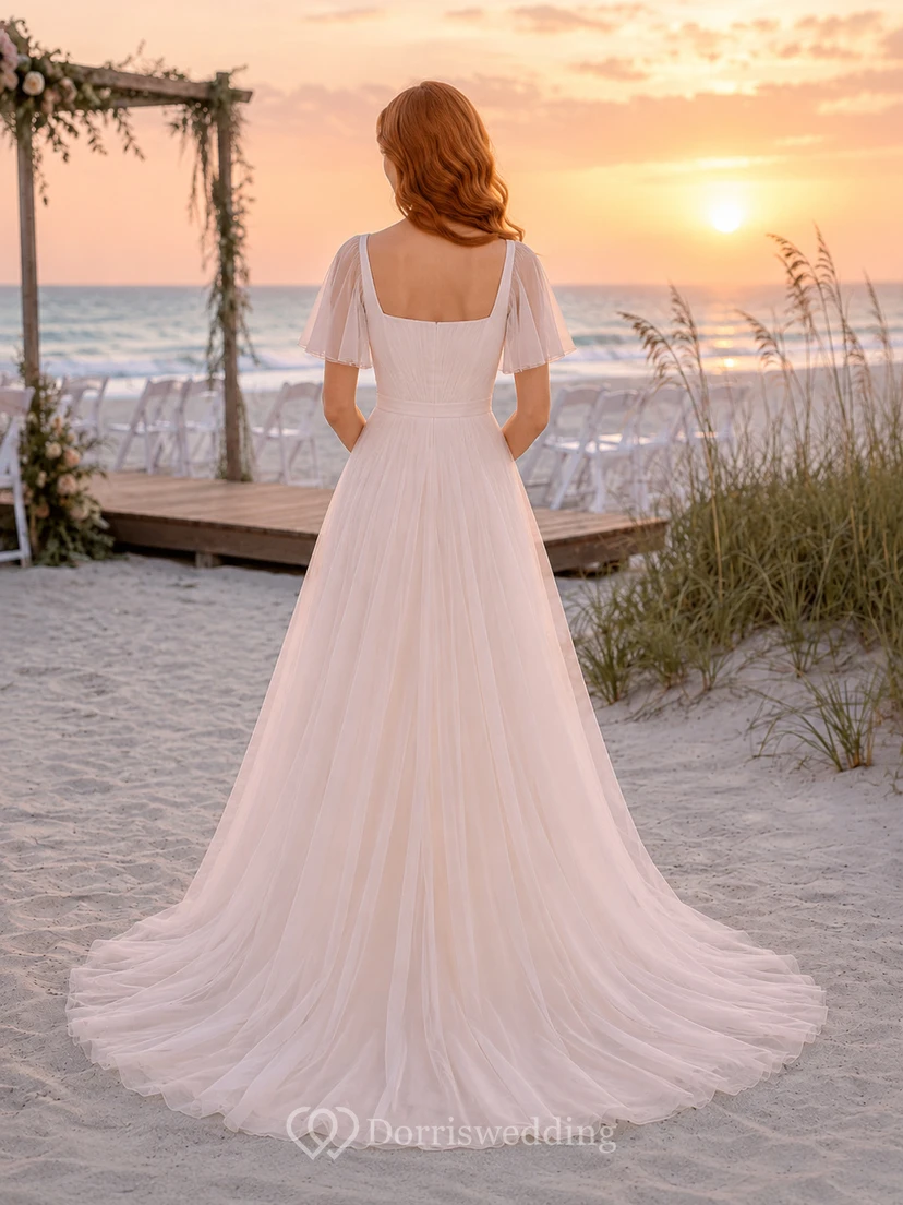 Strandhochzeitskleid aus Chiffon mit quadratischem Ausschnitt, flatternden Ärmeln und A-Linie view 2