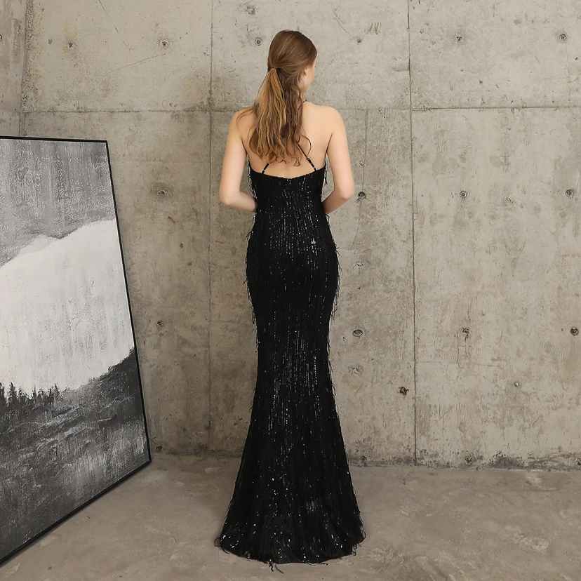 Vestido de noche elegante con borla de hilo de seda de poliéster y lentejuelas estilo cola de pez para banquetes, reuniones y eventos. Ideal para anfitriones. Modelo de coche. Otoño. view 39
