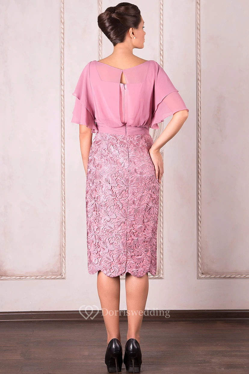 Pencil Knee-Length Poet Sleeve Bateau Neck Appliqued Chiffon Mother Of The Bride Dress view 2