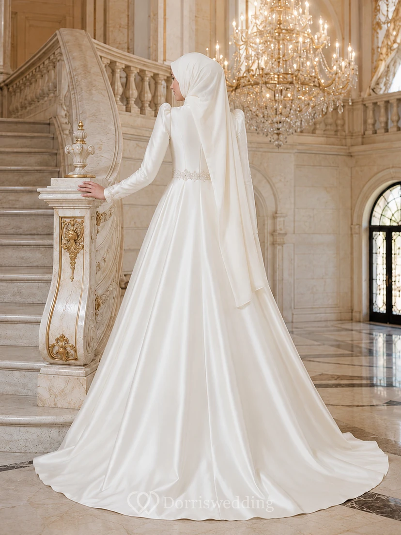 Modest Muslim Satin Ball Gown Bridal Dress With Long Sleeves view 2